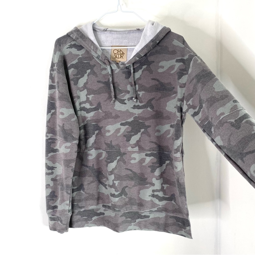 Chaser Grey Green Camo Oversized Hoodie Split Hem Drawstring Soft